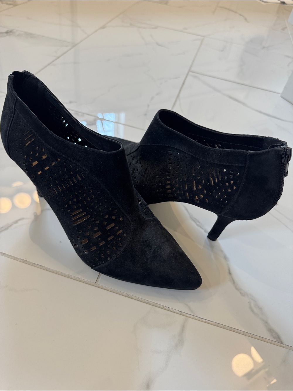 Bella Vita Black Suede Pointed Toe Cut-Out Heeled Booties